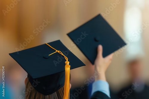 Graduation ceremony with student tossing cap in air, Milestone, Journey to academic success