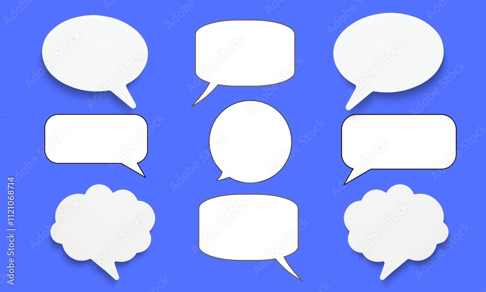 Set of white speech bubbles of various shapes on a blue background, blank set.Vector illustration decorative design. Set of white speech bubbles of various shapes on a blue background, blank set.Vector illustration decorative design.