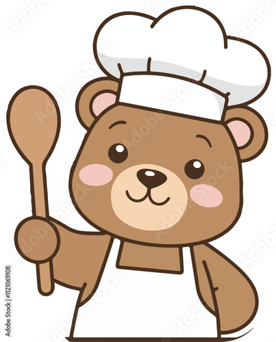 brown bear chef wearing a white chef's hat is holding a wooden spoon over a pot