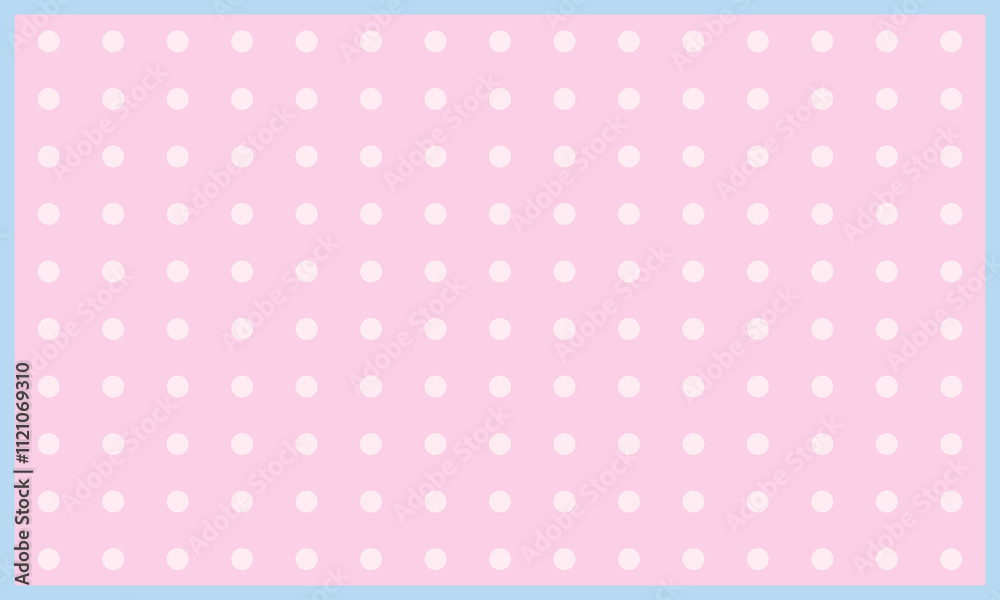 A pastel pink background adorned with evenly spaced white polka dots, encased within a light blue border A pastel pink background adorned with evenly spaced white polka dots, encased within a light blue border