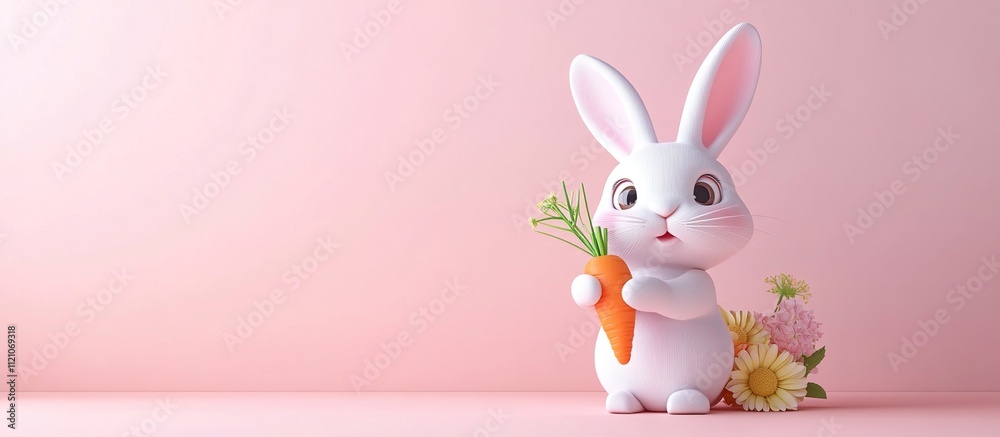 Fototapeta premium Adorable Easter Bunny with Carrot and Flowers