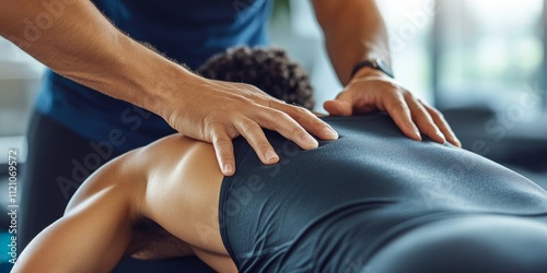 Physiotherapist providing a massage to the back of a young athlete in a sports rehabilitation clinic, showcasing effective techniques for recovery in this high quality photo.
