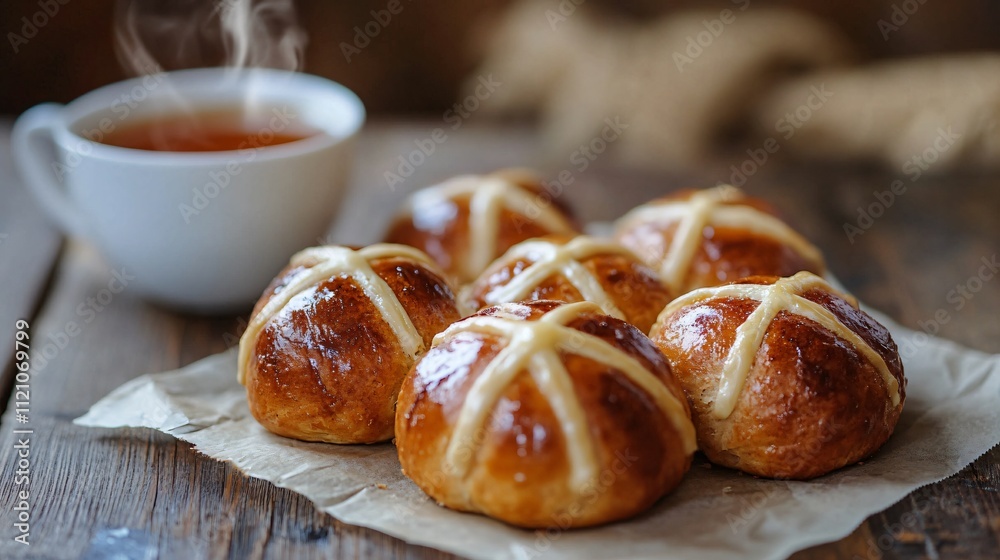 Close up of a cluster of hot cross buns with glossy crosses, served with a steaming cup of tea on a rustic wooden table Close up of a cluster of hot cross buns with glossy crosses, served with a steaming cup of tea on a rustic wooden table