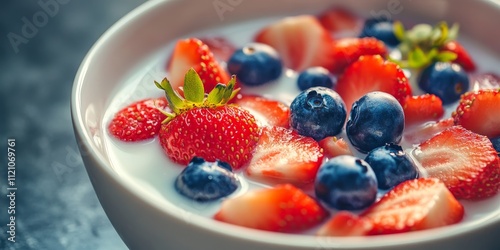 Assorted strawberries and blueberries in milk showcased in a white bowl, captured in close up, featuring macro details and selective focus on the vibrant flavors of strawberries and blueberries.