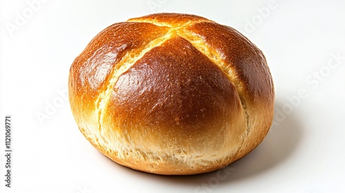 Close up of a hot cross bun with a golden brown crust, isolated on a clean white background with subtle shadows