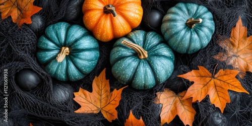 Teal and orange pumpkins create a vibrant Halloween still life, surrounded by maple leaves and black netting, highlighting the availability of allergy safe non food treats and candies for trick or photo