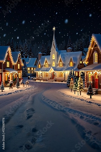 The winter christmas village is a beautiful sight. lights are shining brightly. The houses are covered in sparkling white, and the streets are lined with Snow . 