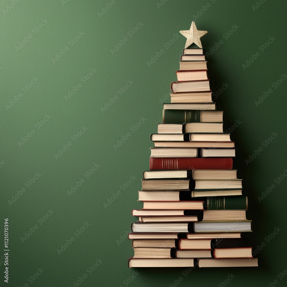 Creative Christmas Tree Made Entirely of Stacked Books on a Solid Green Background Creative Christmas Tree Made Entirely of Stacked Books on a Solid Green Background