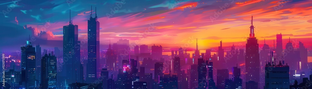 Fototapeta premium Vibrant sunset over a futuristic city skyline with colorful clouds.