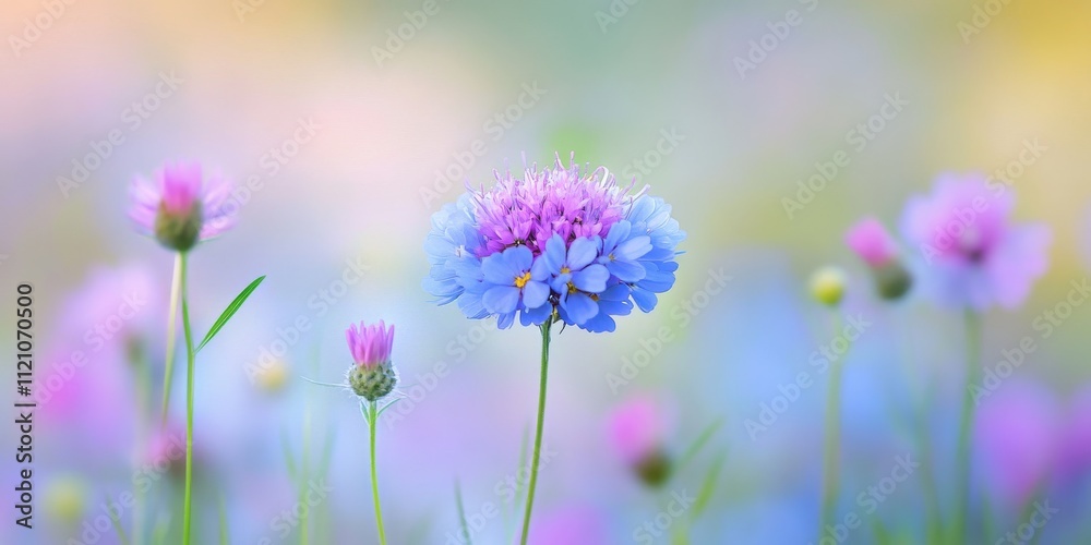 Field scabious flower, belonging to the species Knautia arvensis, showcases its beauty. This flowering plant from the honeysuckle family Caprifoliaceae stands out with a blur effect in the foreground. Field scabious flower, belonging to the species Knautia arvensis, showcases its beauty. This flowering plant from the honeysuckle family Caprifoliaceae stands out with a blur effect in the foreground.
