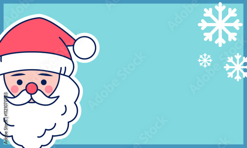 A festive, minimalist illustration featuring a cartoon Santa Claus on the left side with a red hat, white beard, and rosy cheeks