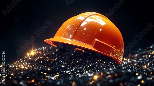 Bright orange hard hat on dark surface. photo