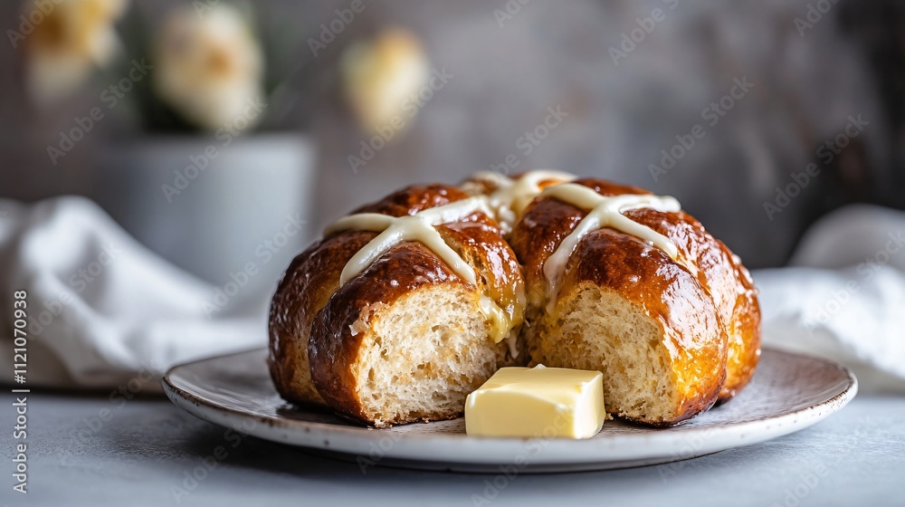 Isolated hot cross bun sliced open to reveal a soft, fluffy interior, served with a pat of melting butter on a neutral background Isolated hot cross bun sliced open to reveal a soft, fluffy interior, served with a pat of melting butter on a neutral background