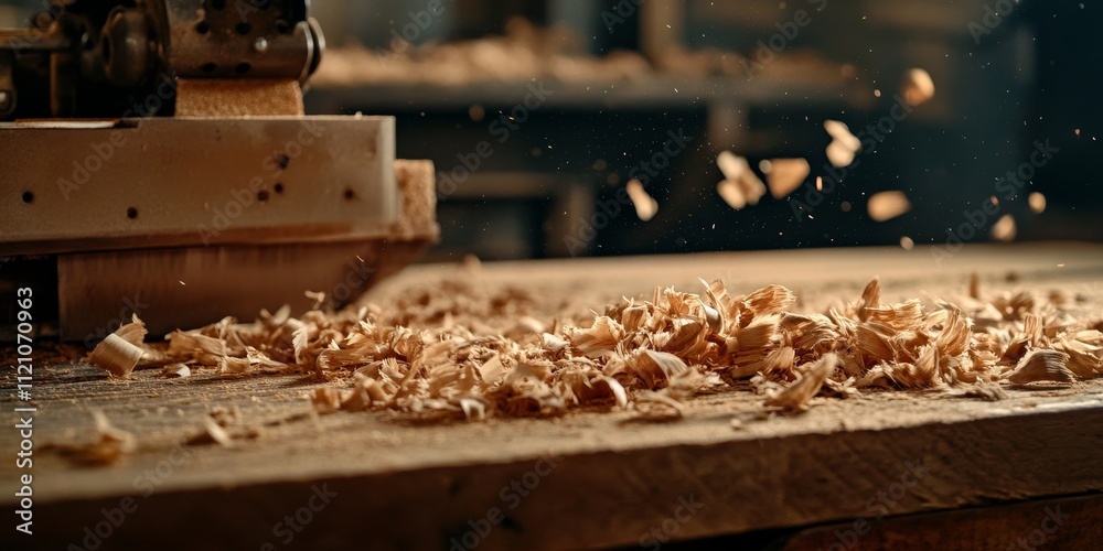Wood shavings adorn a wooden surface as a carpenter skillfully operates a planer. This scene captures the intricate work of a carpenter using a planer, showcasing craftsmanship with wood. Wood shavings adorn a wooden surface as a carpenter skillfully operates a planer. This scene captures the intricate work of a carpenter using a planer, showcasing craftsmanship with wood.