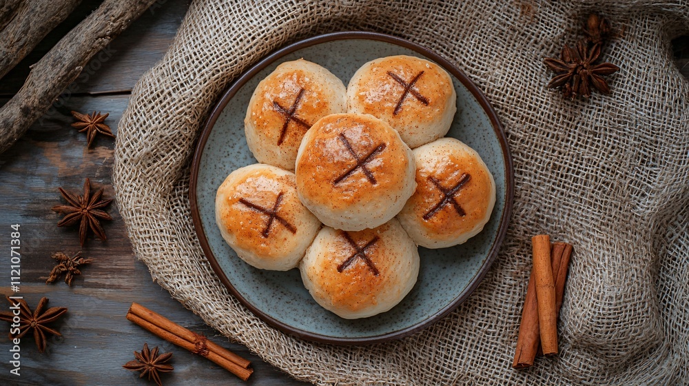 Fototapeta premium Overhead shot of hot cross buns on a ceramic plate, surrounded by decorative cinnamon sticks and star anise on a burlap cloth