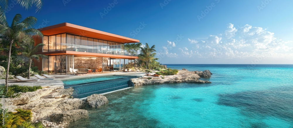 Obraz premium Luxurious beachfront villa with infinity pool overlooking turquoise ocean.