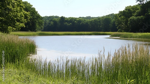 A peaceful marshland with tall grasses, calm waters, and the distant call of birds photo