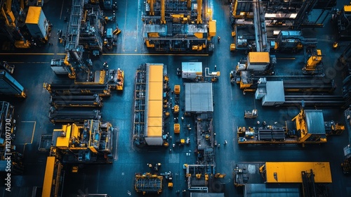 Overhead view of a busy factory floor with automated machinery and production lines.