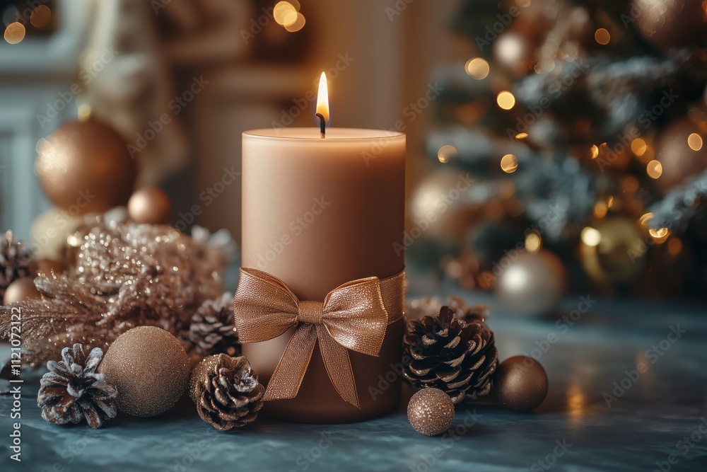 tall mocha mousse candle with a gold ribbon and bow is placed on an elegant table in front of the mocha Christmas tree tall mocha mousse candle with a gold ribbon and bow is placed on an elegant table in front of the mocha Christmas tree