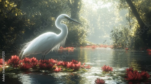 Majestic White Heron Stands Gracefully Amidst Tranquil Waters Framed by Lush Greenery and Vibrant Water Lilies in a Serene Nature Landscape