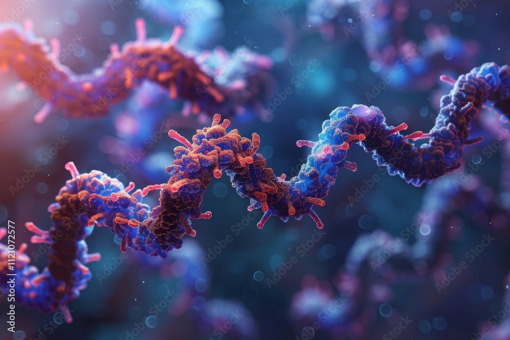 Fototapeta premium Illustration of a DNA-based drug discovery platform being developed by UCLA, showcasing innovative biotechnology research. Microscopic view of chromosomes in the process of replication .