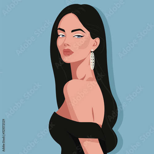 Beautiful young brunette woman in an elegant black dress with bare shoulders. Vector, flat fashion illustration.
