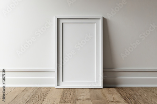 A minimalist vertical white frame mockup displayed on a wooden floor with natural wood texture