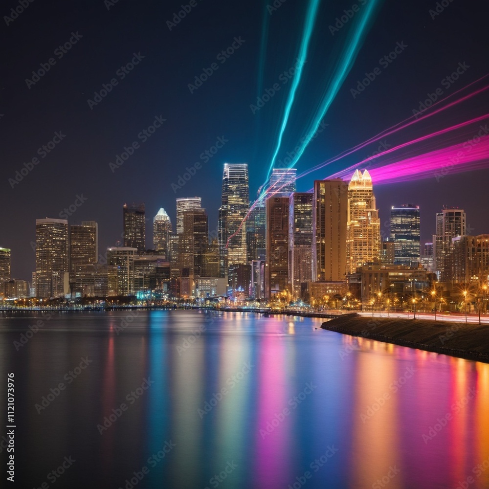 Obraz premium A vibrant cityscape at night with a colorful light trail streaking across the water
