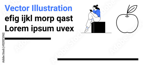 Woman seated on black cube using smartphone, text elements Vector Illustration, efig ijkl morp qast, Lorem ipsum uvex, black apple outline, Ideal for digital communication, technology, education