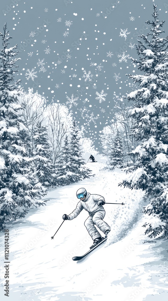 A skier navigates a snowy landscape with falling snowflakes and pine trees. A skier navigates a snowy landscape with falling snowflakes and pine trees.