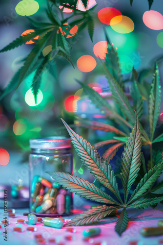 Vibrant cannabis leaves with pills in jar, colorful bokeh lights. Pharmaceutical theme, modern health design, abstract background.
