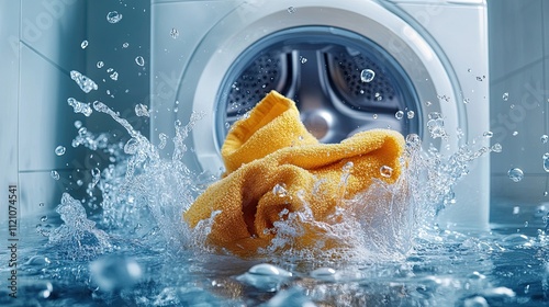 Washing machine or detergent with floating clothes under water with bubbles and wet splashes, symbolizing the cleaning process and the effectiveness of modern washing machines in delivering sparkling photo