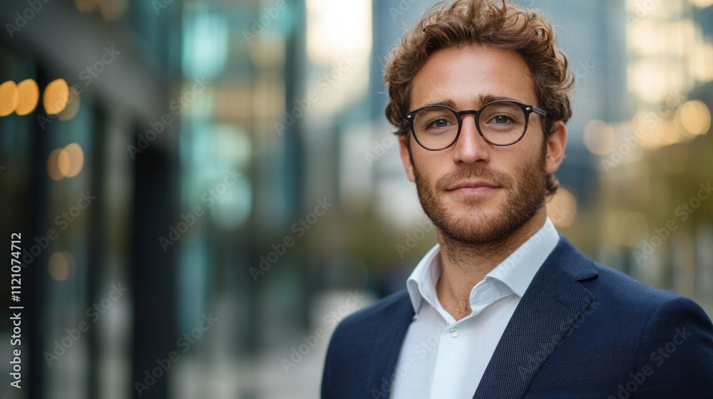 Fototapeta premium Sporting trendy glasses and a tailored suit, the confident business man stands in a bustling downtown area, exuding professionalism and charisma as the sun sets behind