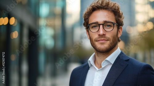 Sporting trendy glasses and a tailored suit, the confident business man stands in a bustling downtown area, exuding professionalism and charisma as the sun sets behind