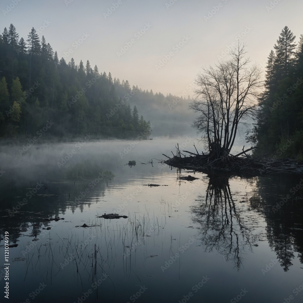 Fototapeta premium A quiet, foggy morning on a calm, reflective lake.
