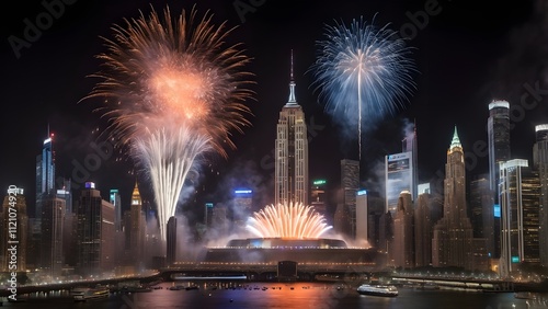 The iconic New Year's Eve ball drop is surrounded by spectacular pyrotechnics above the metropolitan skyline.