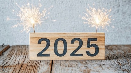 Wooden block displays the year two thousand twenty five with sparklers photo