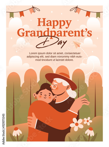 Happy Grandparent's Day. Invitation banner with illustration of grandmother and granddaughter hugs on nature. Cute vector card template with hand drawn text. Creative modern layout. Flat Design.