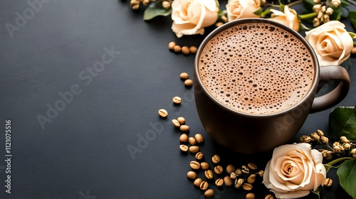 A rustic watercolor coffee mug with vintage-style roses and leaves as a border