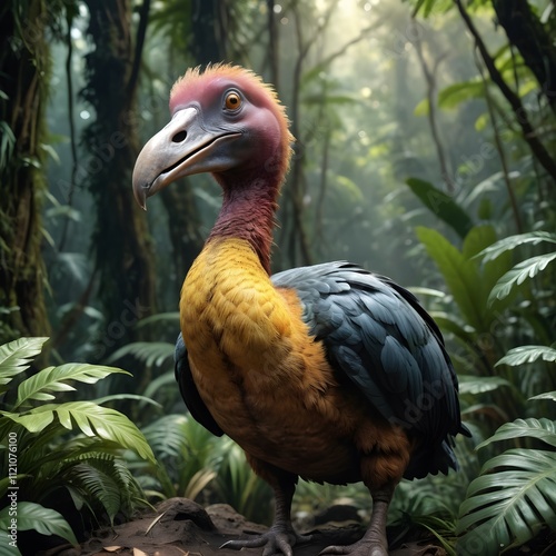 A vibrant, detailed rendering of a colorful extinct bird amidst lush tropical foliage. photo