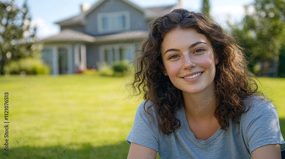 Smiling woman sitting on lawn in yard with private modern suburban house in background Smiling woman sitting on lawn in yard with private modern suburban house in background