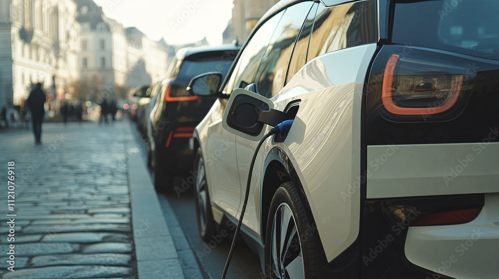 A modern electric car is charging on a city street A modern electric car is charging on a city street