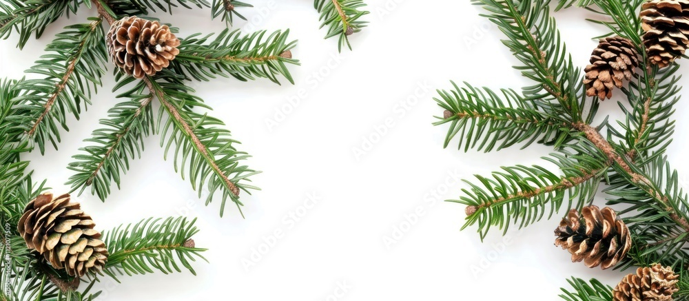 spruce tree branches and pine cones on a white background in copy space style spruce tree branches and pine cones on a white background in copy space style
