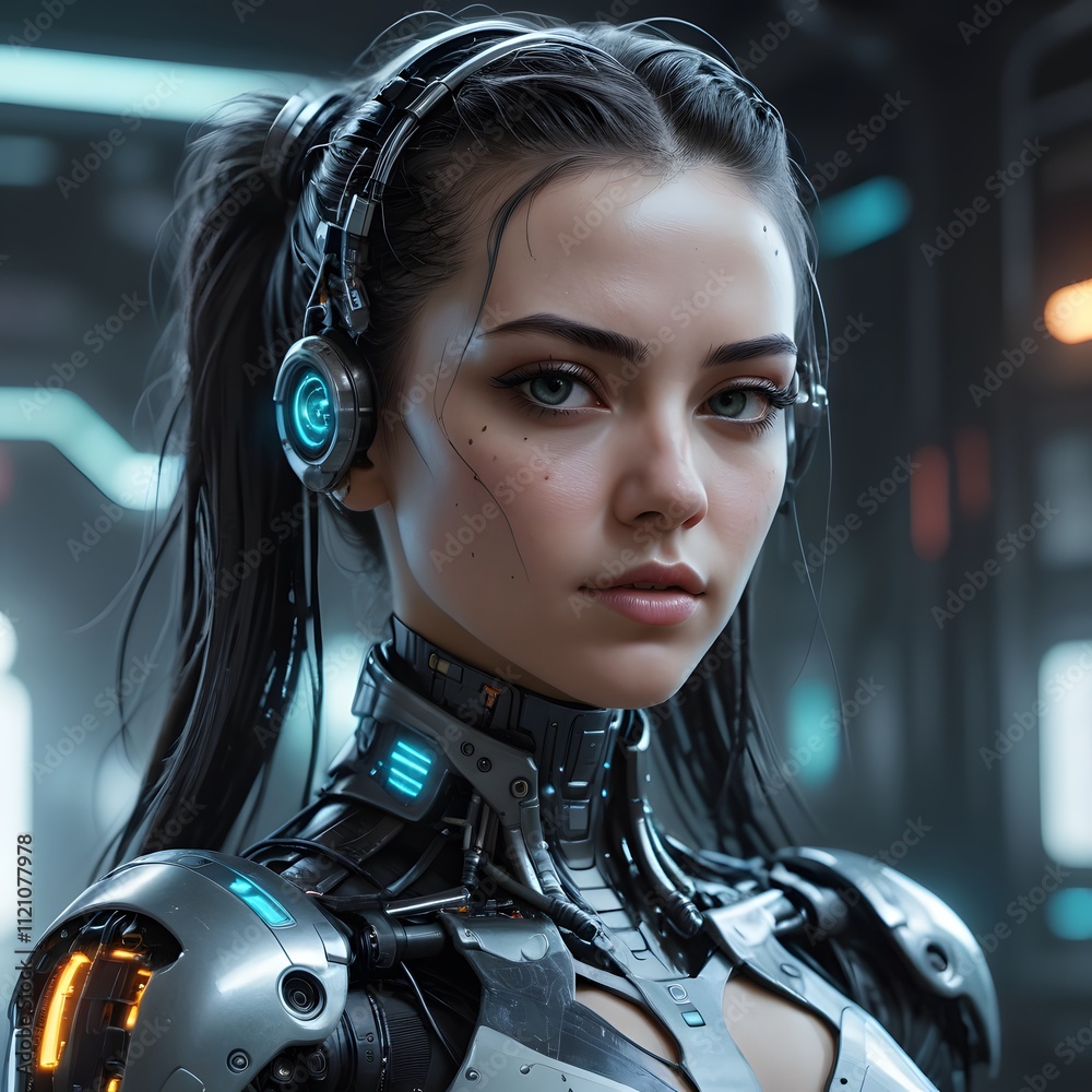 Close-up portrait of a futuristic woman with cybernetic enhancements. Close-up portrait of a futuristic woman with cybernetic enhancements.