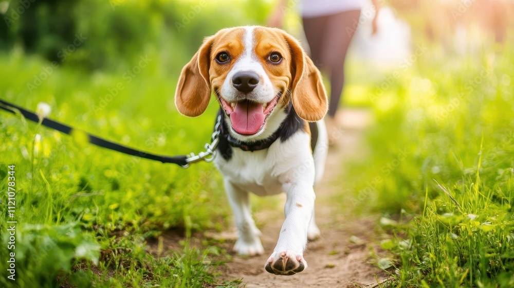 Cheerful beagle dog on a leash walking on a grassy path, enjoying a sunny outdoor stroll with its owner. Cheerful beagle dog on a leash walking on a grassy path, enjoying a sunny outdoor stroll with its owner.