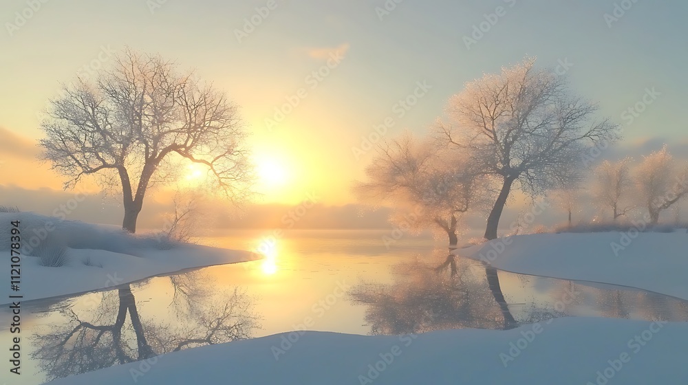A peaceful winter scene with snow-covered trees, a frozen lake, and the soft light of a setting sun A peaceful winter scene with snow-covered trees, a frozen lake, and the soft light of a setting sun