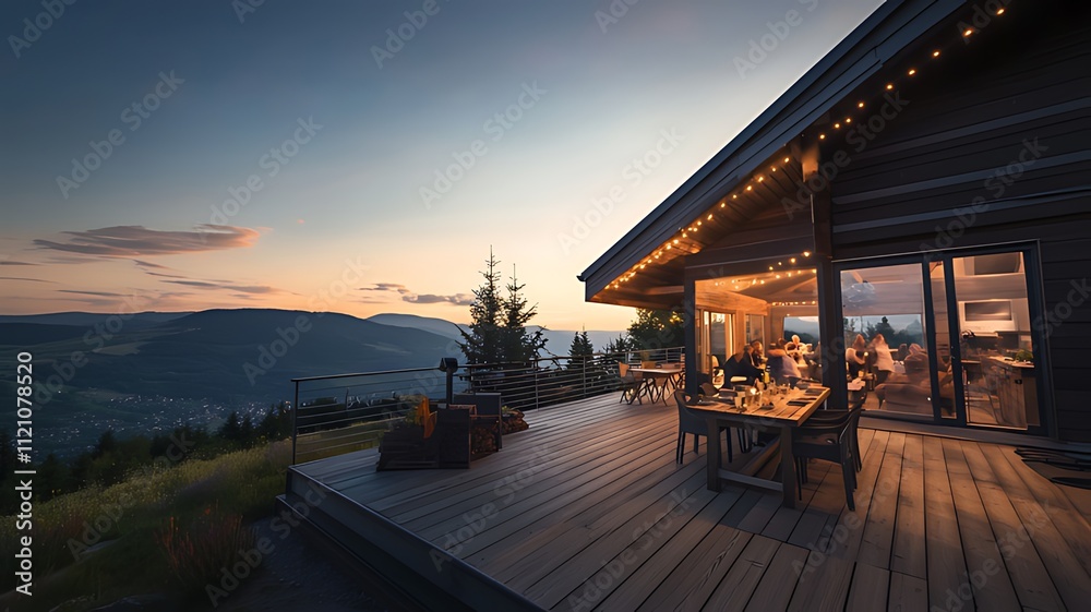 Fototapeta premium Family dinner on a mountaintop deck at sunset.