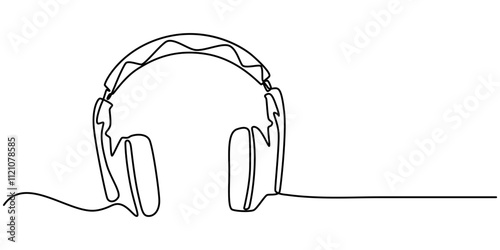 continuous line art of headphone speaker device gadget, Continuous one line drawing of headphones speaker for podcast web banner. Music gadget and earphones devices in simple linear style. Editable. 