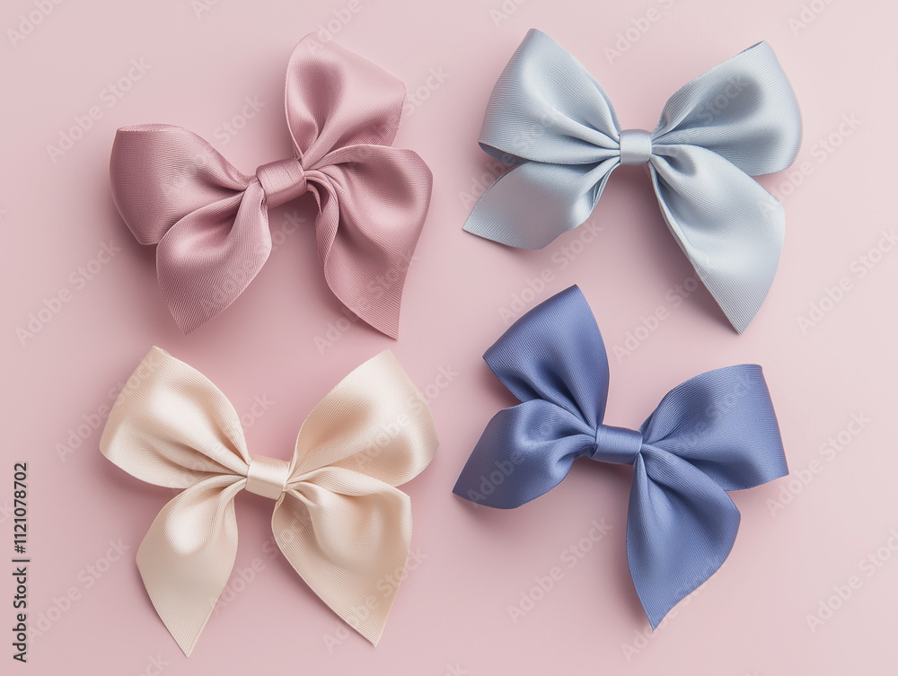 Four satin bows in pastel colors on a pink background. Four satin bows in pastel colors on a pink background.