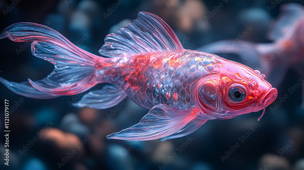 Fototapeta premium a goldfish with a glowing, ethereal appearance, surrounded by a background of blue lights and bubbles